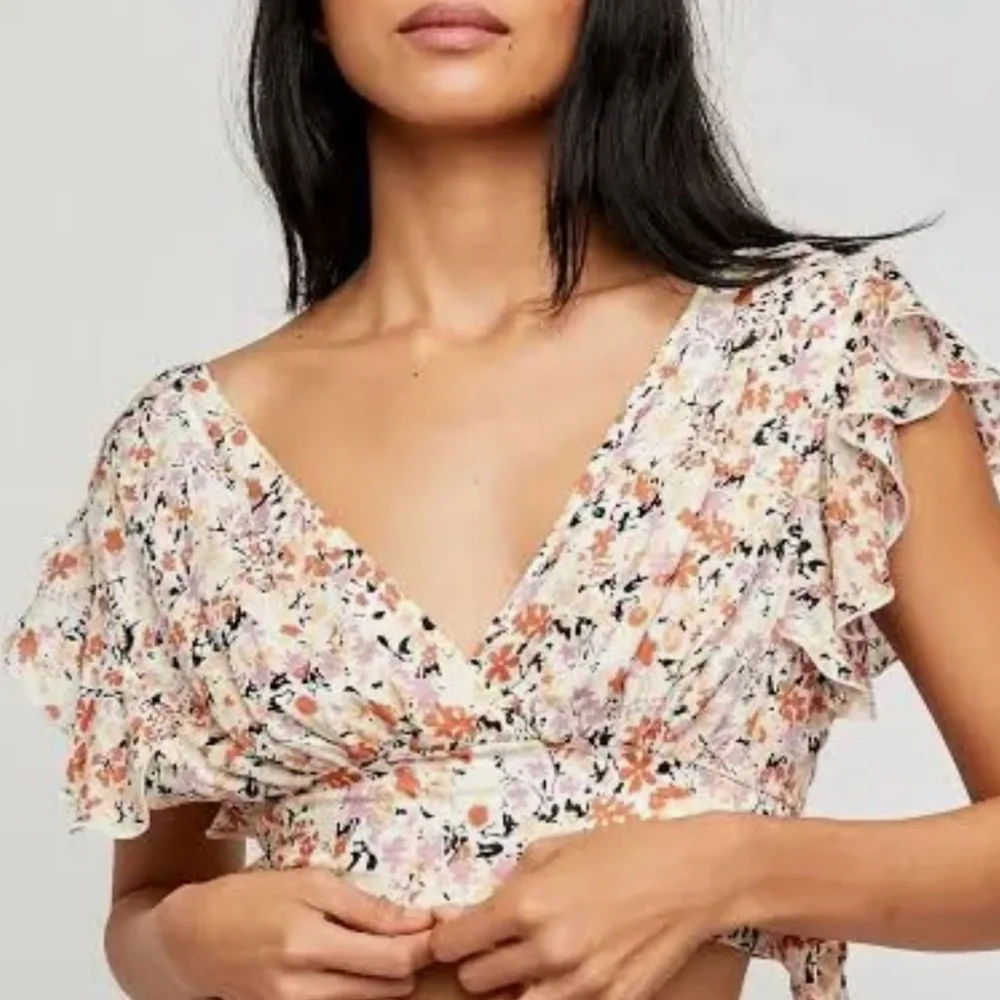 Free People Floral Ruffle Crop Top - Cream and Orange - Picture 3 of 6
